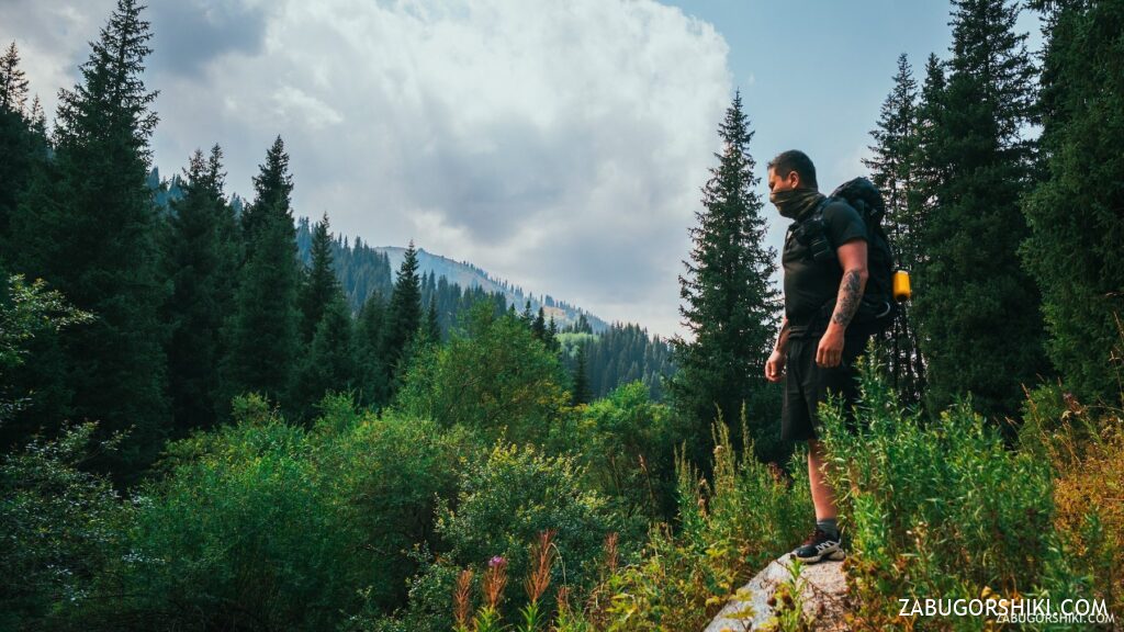 Hikers in the Zailiysky Alatau mountains near Almaty