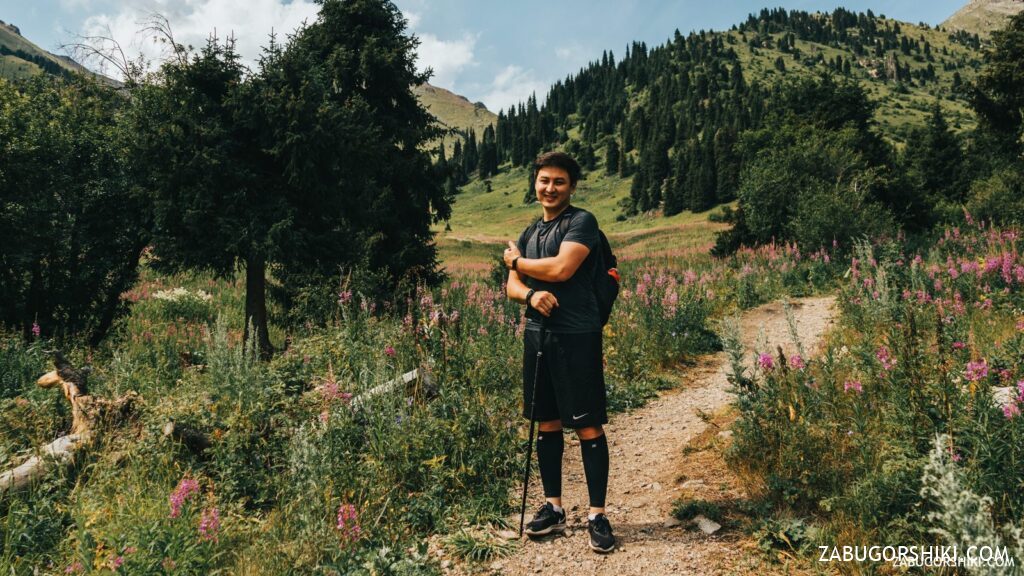 Hikers on a weekend mountain route near Almaty
