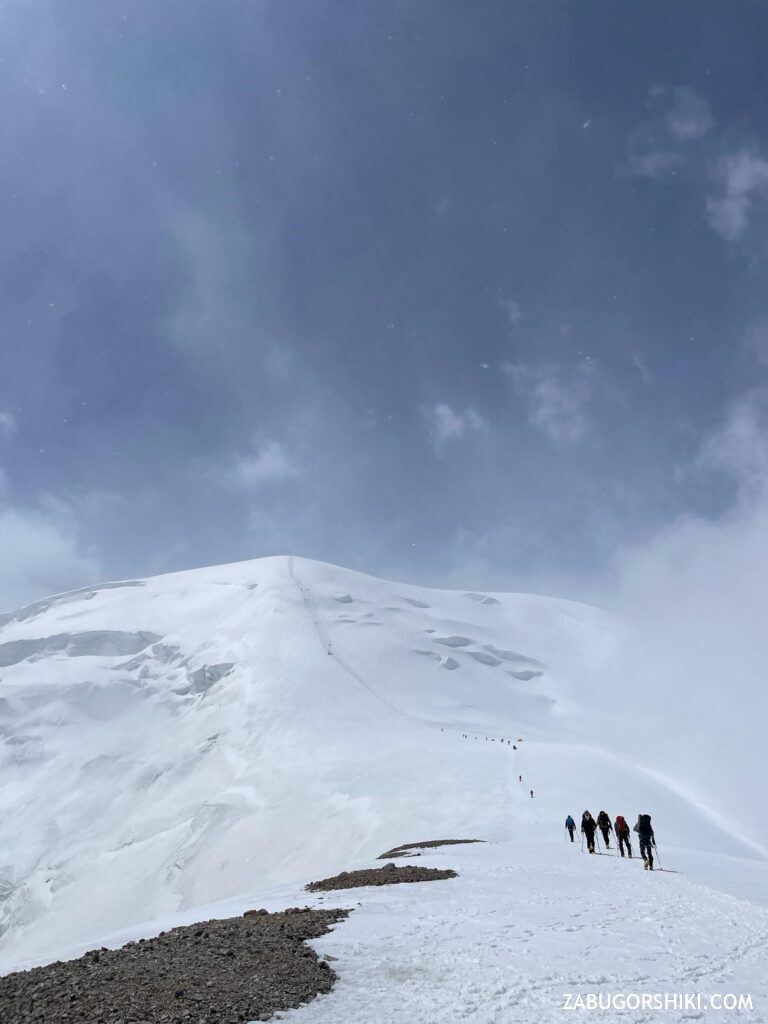 Climbers on the snow slope to Camp 3, 5,800-6,100 m, Lenin Peak