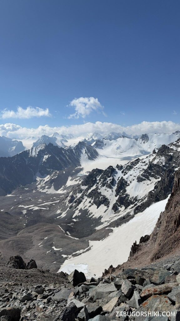 View of the Ala-Archa peaks and glaciers from the Adygene Pass